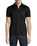 Short-Sleeve Jersey Button-Front Shirt, Black