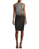 Metallic Pixelated Jacquard Pencil Dress, Black/Gold