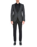 Satin-Collar Check Evening Jacket, Gray