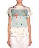 Floral Short-Sleeve Chiffon Tee, White/Multi