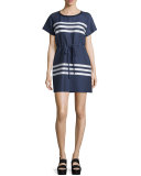 Short-Sleeve Striped Dress, Blue/Cream