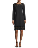 Long-Sleeve Lace-Inset Sheath Dress, Black Lace