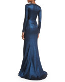 Long-Sleeve Metallic Mermaid Gown, Navy
