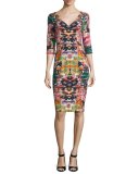 Sherilyn 3/4-Sleeve Floral Ponte Sheath Dress, Multicolor