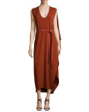 Sleeveless Belted Cape Dress, Rust