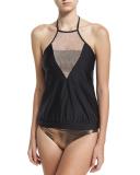 Chain Reaction High-Neck Tankini Swim Top, Black
