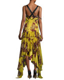 Sable Tie-Waist Tiered Floral Dress, Chartreuse Multicolor