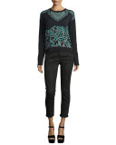 Scroll-Paisley Crewneck Sweater, Turquoise/Black
