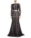 Long-Sleeve Lace Gown, Black