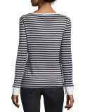 Boat-Neck Long-Sleeve Striped Top, Noir