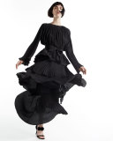 Tiered Plisse Maxi Skirt, Black
