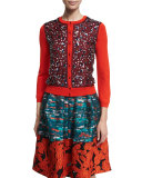 3/4-Sleeve Sequin-Front Cardigan, Poppy/Navy