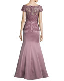 Belted Lace-Trim Satin Gown, Meadow