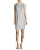 Sleeveless Lace-Bodice Metallic Sheath Dress, Sky