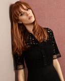 Half-Sleeve Lace-Bodice Shirtdress, Black