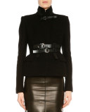 Stand-Collar Belted Jacket, Black