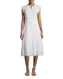 Sleeveless Pintucked Lace-Trim Midi Dress, White