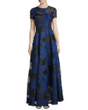 Short-Sleeve Fil Coupe Gown, Black/Blue