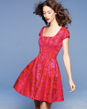 Cap-Sleeve Seamed Cocktail Dress, Fuchsia/Hibiscus