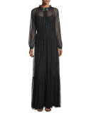 Long-Sleeve Waved Lace Gown, Black
