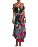 Tropical-Print Cold-Shoulder Wrap Dress, Black