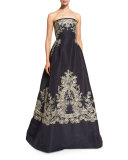 Strapless Embroidered Ball Gown, Navy/Champagne