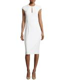 Janelle Crepe Keyhole Cap-Sleeve Sheath Dress, Cream
