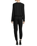 Sola Long-Sleeve Jersey Jumpsuit, Caviar