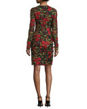 Floral-Embroidered Long-Sleeve Cocktail Dress, Black/Red
