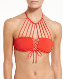 Tangerine Strappy Halter Swim Top, Red