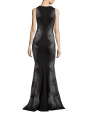 Metallic Palm Sleeveless Mermaid Gown, Caviar/Gunmetal