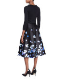3/4-sleeve ruffle-trim sweater, black
