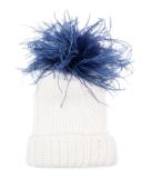 Rain Winter Beanie Hat w/ Feather Pom-Pom, White/Blue