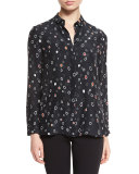 Long-Sleeve Pebble-Print Blouse, Black