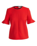 Flounce-Sleeve Contrast-Trim Top, Red