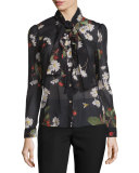Tie-Neck Flowers & Cherries Chiffon Blouse 