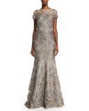 Short-Sleeve Floral Jacquard Mermaid Gown 