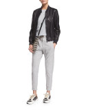 Monili-Striped Leather Bomber Jacket, Navy