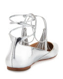 Penelop Metallic Ankle-Wrap Flat, Silver