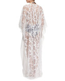 Printed-Mesh Long Caftan Coverup, Bianco