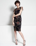 Short-Sleeve Floral Embroidered Cocktail Dress