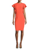 Ruffled Short-Sleeve Cocktail Dress, Coral 