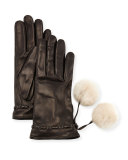 Leather Gloves w/ Fur Pompoms, Black/White