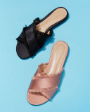 Satin Crisscross Fringe Slide Sandal