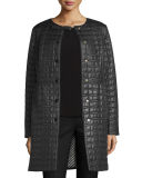 long quilted snap-front coat w/ bow detail