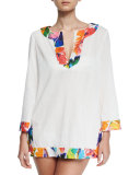 Crinkle Cotton Coverup Tunic w/Banana Leaf Trim