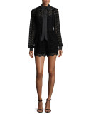 Josephine Long-Sleeve Lace Romper, Black