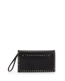 Rockstud Leather Full-Flap Wristlet Clutch Bag, Black (Noir)