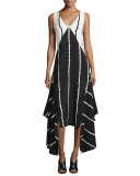 Sleeveless Striped Colorblock Midi Dress, Black