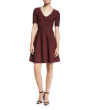 Short-Sleeve Ribbed-Trim Circle Dress, Wine